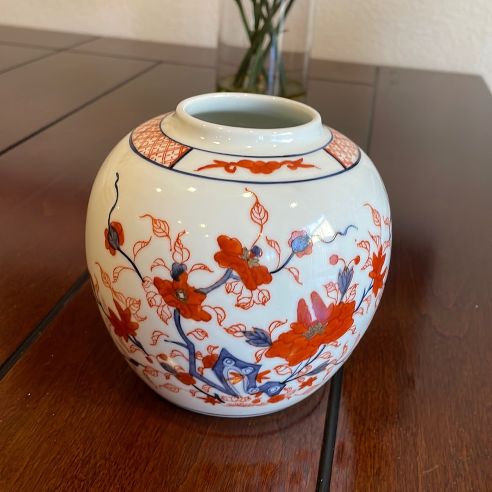 White Porcelain Floral Accent Vase with Orange and Blue Pattern